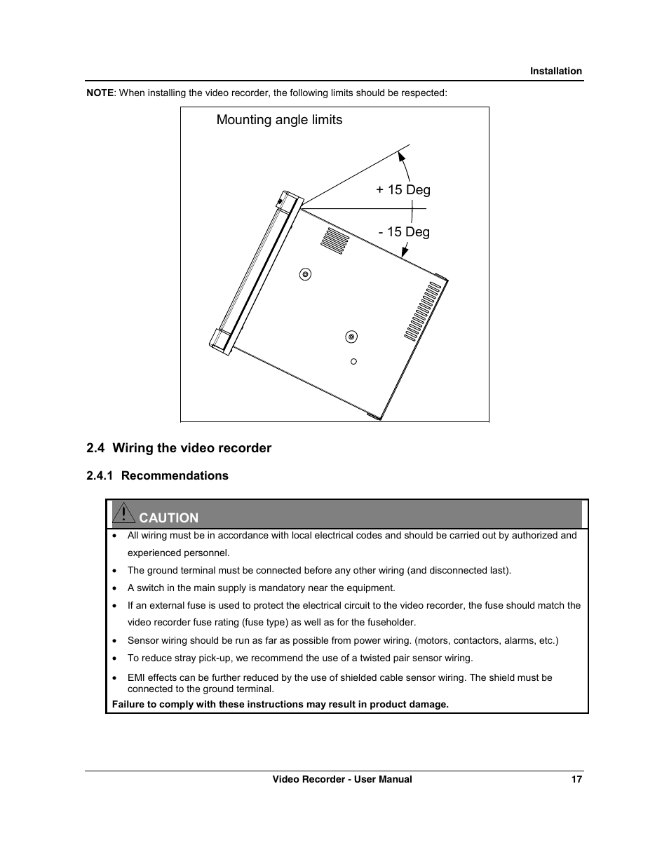 15 deg + 15 deg mounting angle limits | Honeywell VRX180 User Manual | Page 31 / 294