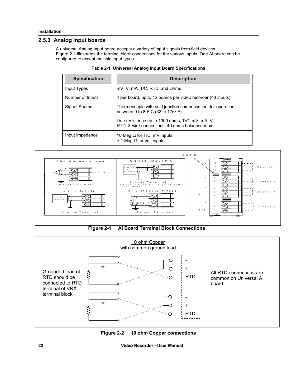 3 analog input boards, Specification description, Installation video recorder - user manual 22 | Honeywell VRX180 User Manual | Page 36 / 294