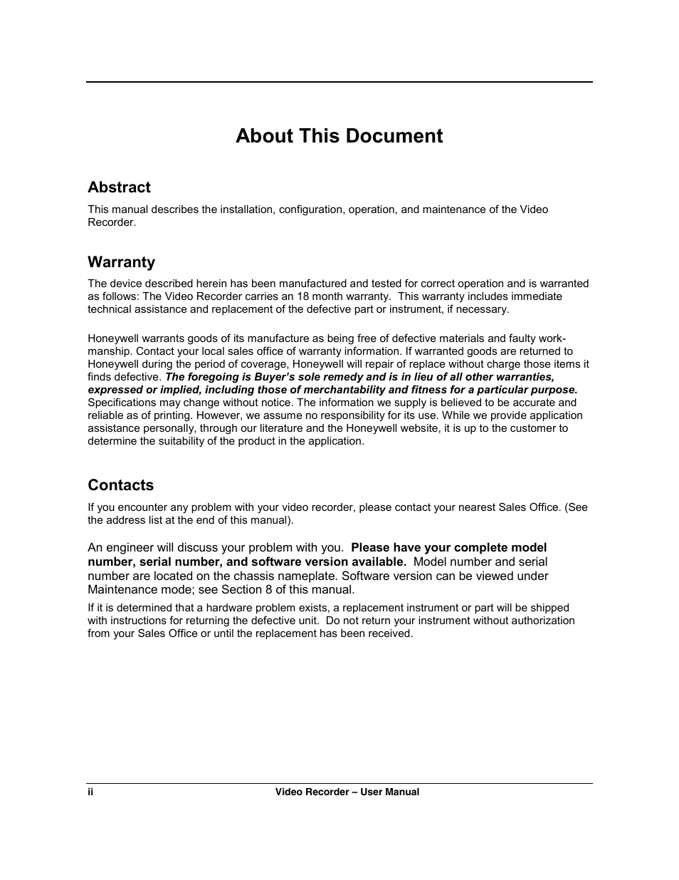 About this document, Abstract, Warranty | Contacts | Honeywell VRX180 User Manual | Page 4 / 294