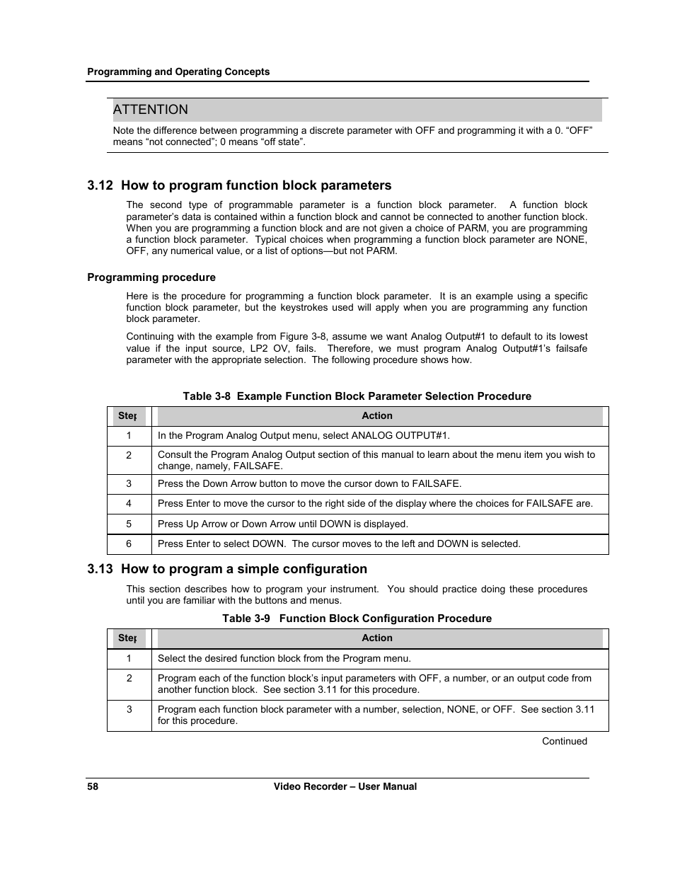 Attention, 12 how to program function block parameters, 13 how to program a simple configuration | Honeywell VRX180 User Manual | Page 72 / 294