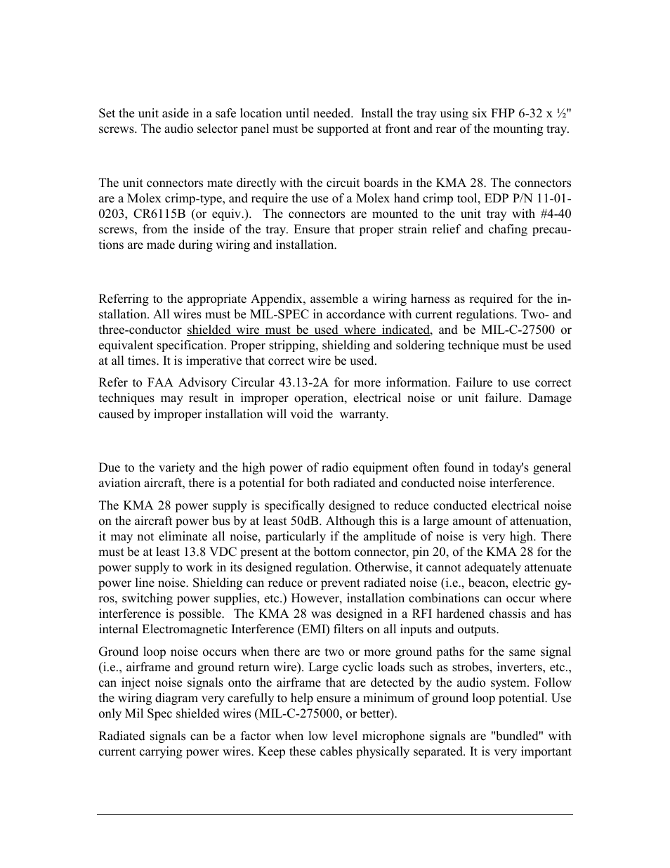 Mounting rack installation, Connector assembly, Noise | Ounting, Nstallation, Onnector, Ssembly, Able, Arness, Iring | Honeywell KMA28 User Manual | Page 10 / 35