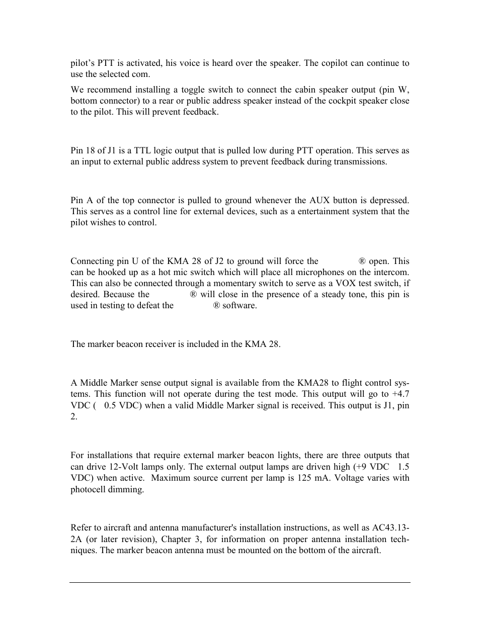 Pa mute (j1, pin 18), Control output (j2, pin a), Vox override (j2, pin u) | Middle marker sense, External marker lights, Marker antenna installation, Pa m, J1, p, Ontrol, Utput | Honeywell KMA28 User Manual | Page 14 / 35
