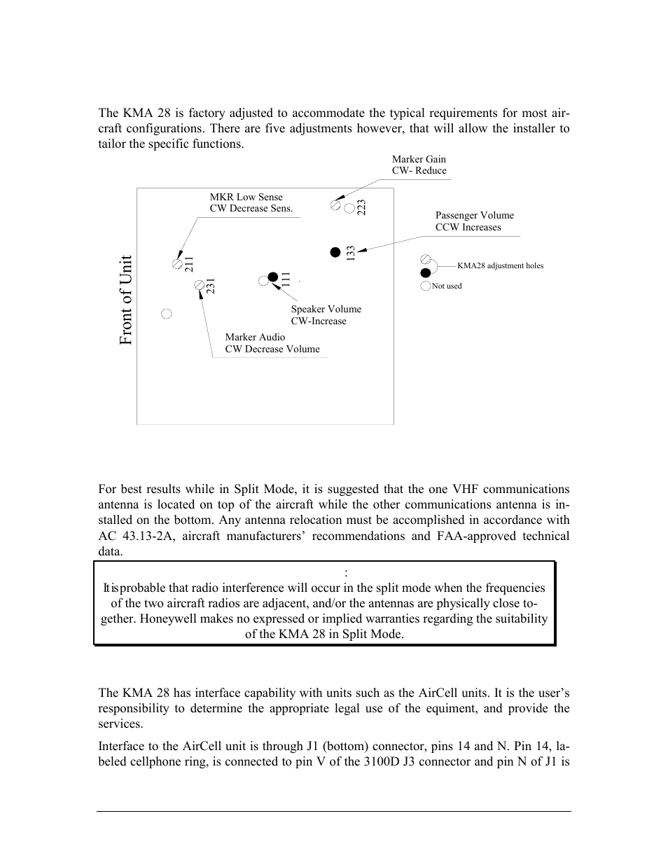 Communications antenna installation notes, Wireless telecommunications interface, Djustments | Ommunications, Ntenna, Nstallation, Otes, Ireless telecommunications interface, Front of unit | Honeywell KMA28 User Manual | Page 15 / 35