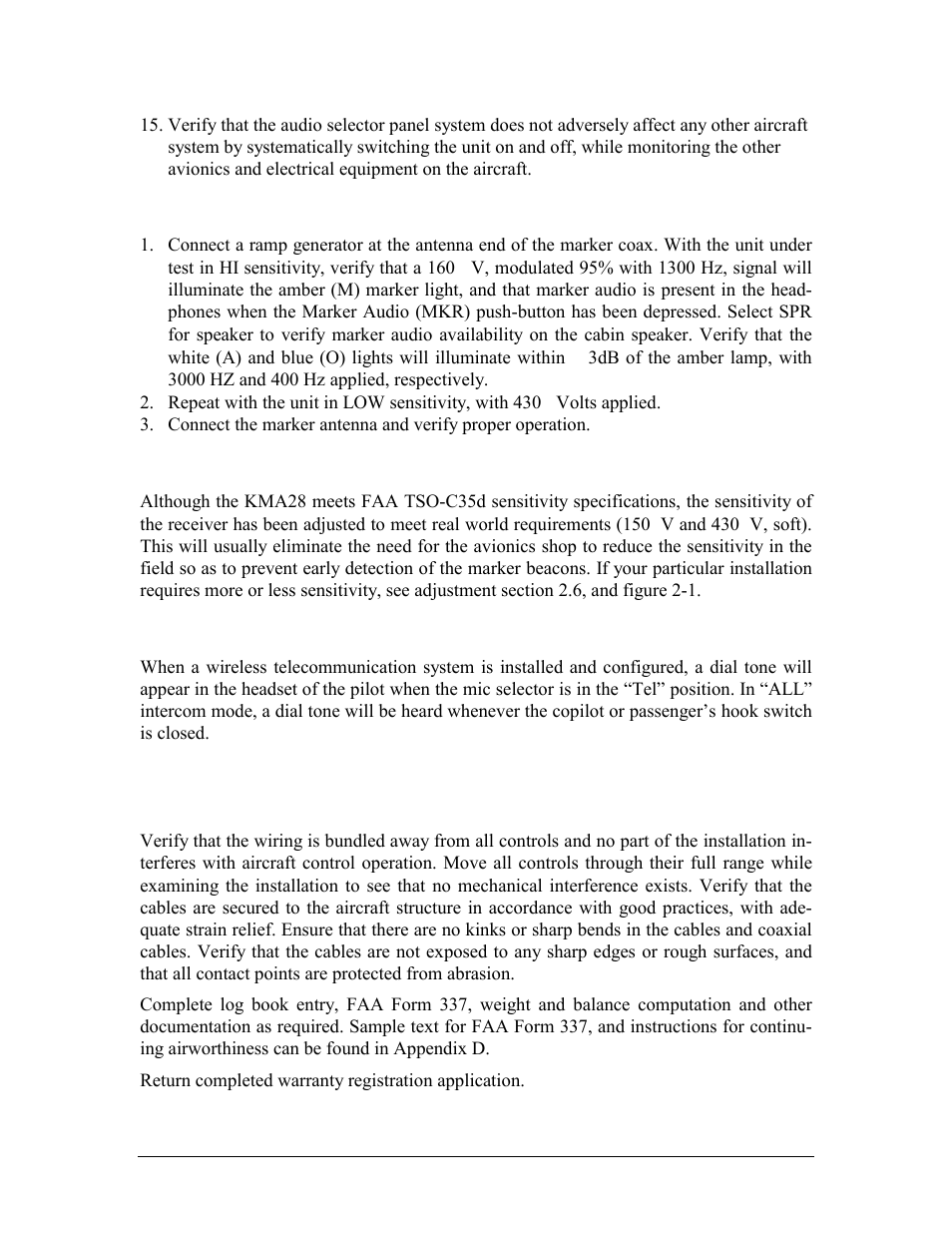 Marker checkout, Receiver sensitivity, Cellular interface checkout | Final inspection, Eceiver, Ensitivity, Ellular, Nterface, Heckout, Inal | Honeywell KMA28 User Manual | Page 19 / 35