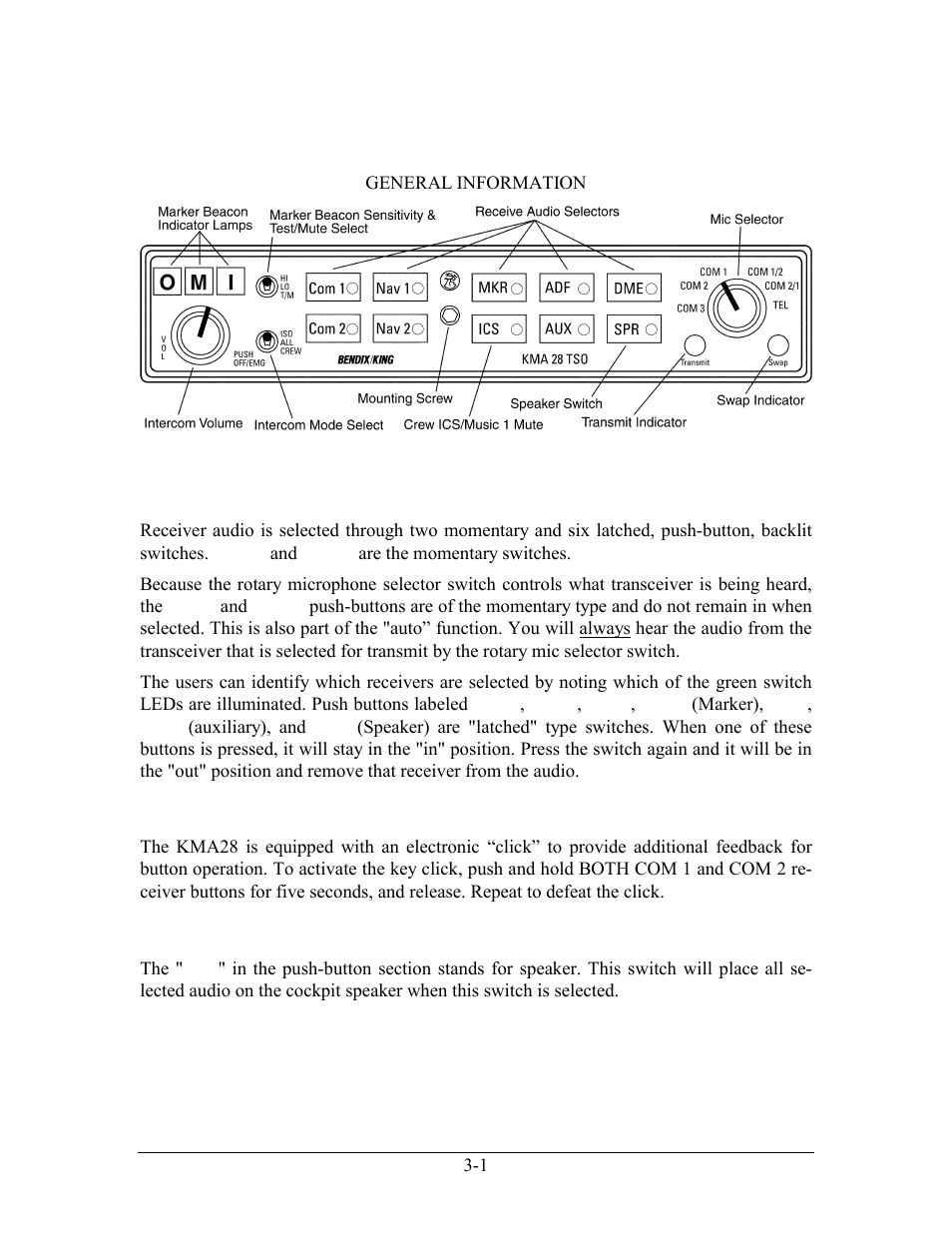 Section iii kma28 operation, Audio selector, Key “click | Speaker amplifier, 3 section iii kma28 operation -1, Udio, Elector, Peaker, Mplifier | Honeywell KMA28 User Manual | Page 20 / 35