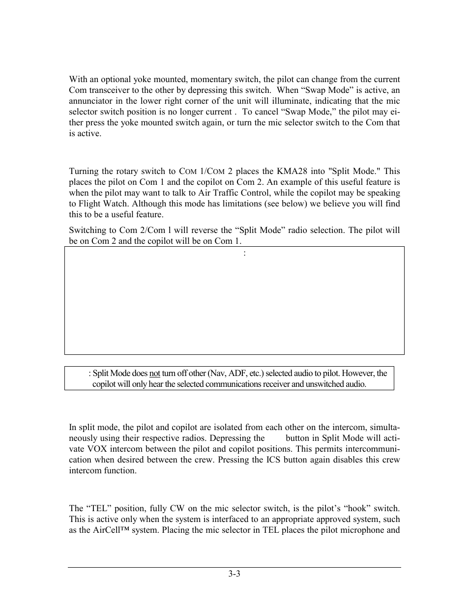 Swap mode (switch from com 1 to com 2 remotely), Split mode, Split mode ics | Telephone mode, Witch from, Remotely, Plit, Elephone | Honeywell KMA28 User Manual | Page 22 / 35