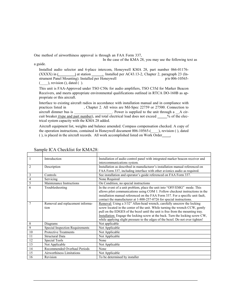 Instructions for faa form 337, Instructions for continuing airworthiness, 1 instructions for faa form 337 | Sample ica checklist for kma28 | Honeywell KMA28 User Manual | Page 34 / 35