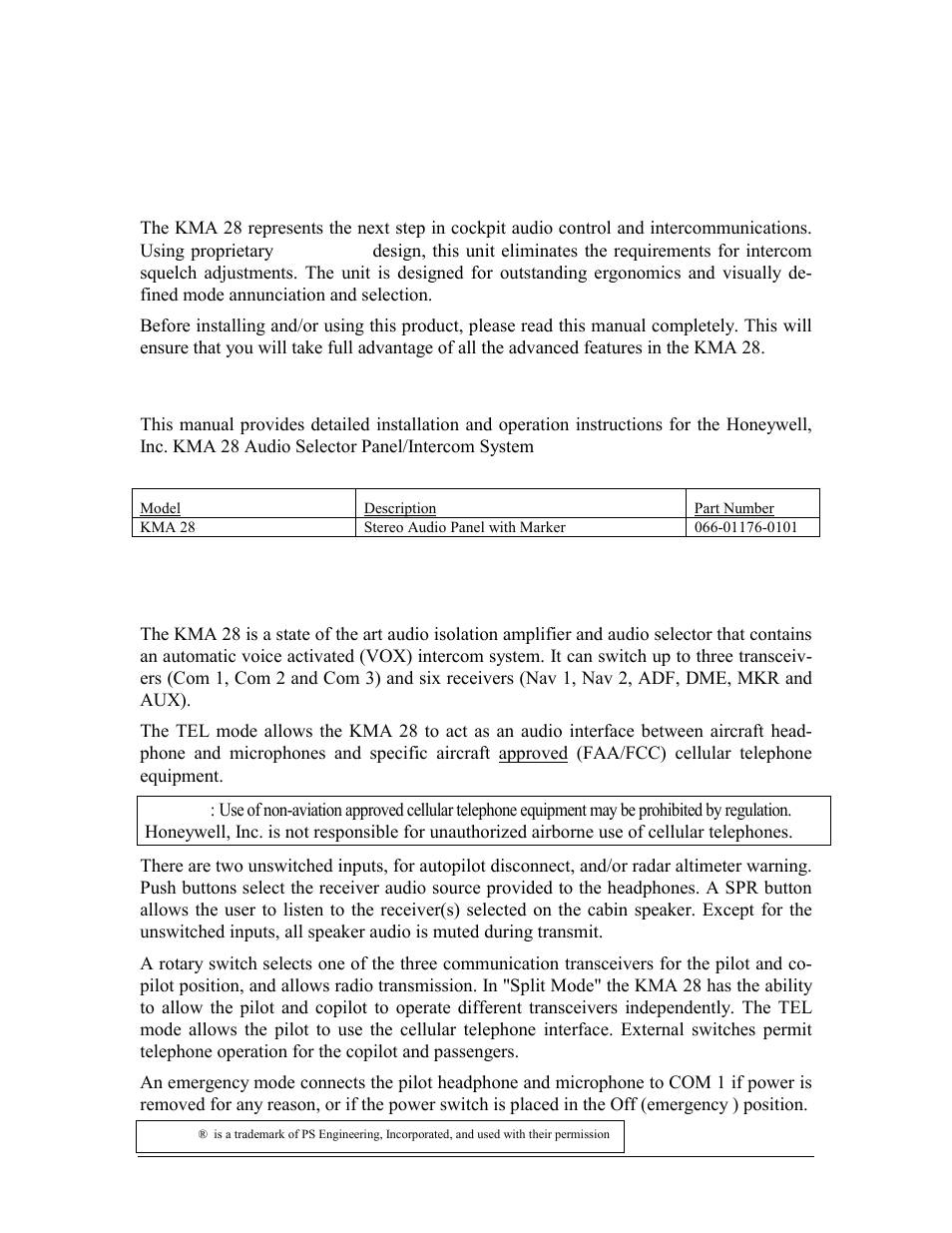 Section i general information, 1 introduction, 2 scope | 3 equipment description, 1 section i general information -1, Introduction -1, Scope -1, Equipment description -1 | Honeywell KMA28 User Manual | Page 4 / 35