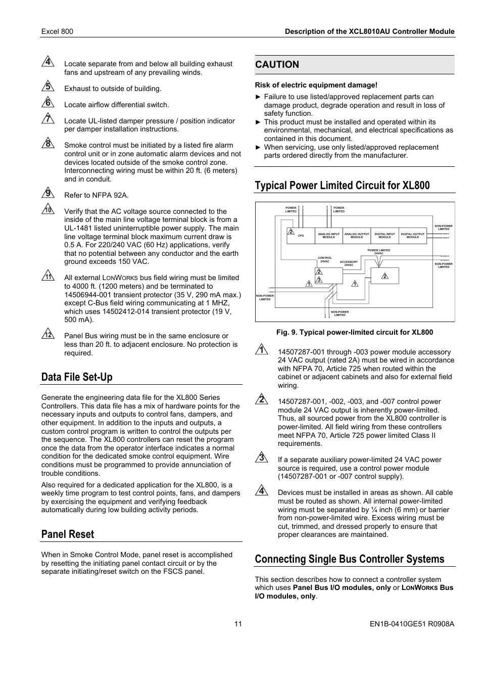 Data file set-up, Panel reset, Typical power limited circuit for xl800 | Connecting single bus controller systems, Caution | Honeywell XL 800 SERIES User Manual | Page 11 / 36