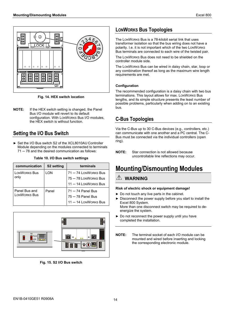 Mounting/dismounting modules, Setting the i/o bus switch, Bus topologies | C-bus topologies, Warning | Honeywell XL 800 SERIES User Manual | Page 14 / 36