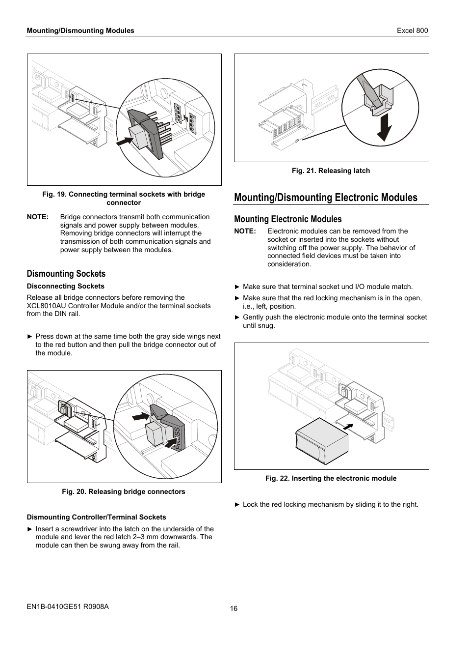 Mounting/dismounting electronic modules, Dismounting sockets, Mounting electronic modules | Honeywell XL 800 SERIES User Manual | Page 16 / 36