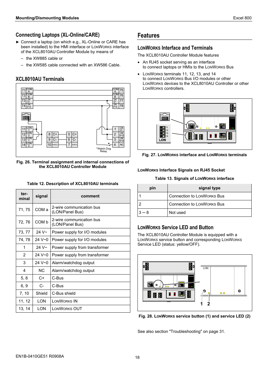 Features, Connecting laptops (xl-online/care), Xcl8010au terminals | Interface and terminals, Service led and button | Honeywell XL 800 SERIES User Manual | Page 18 / 36