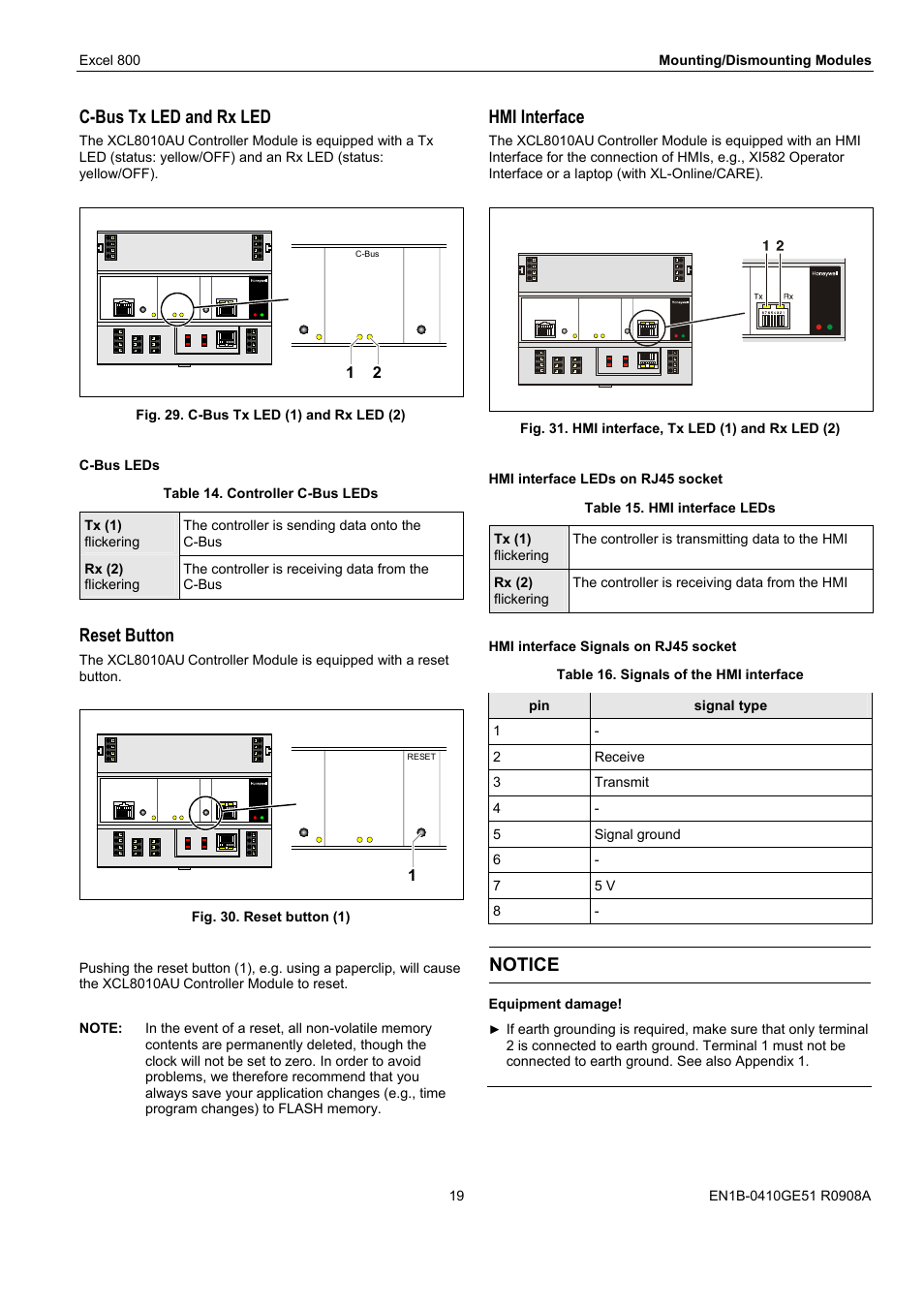 C-bus tx led and rx led, Reset button, Hmi interface | Notice | Honeywell XL 800 SERIES User Manual | Page 19 / 36