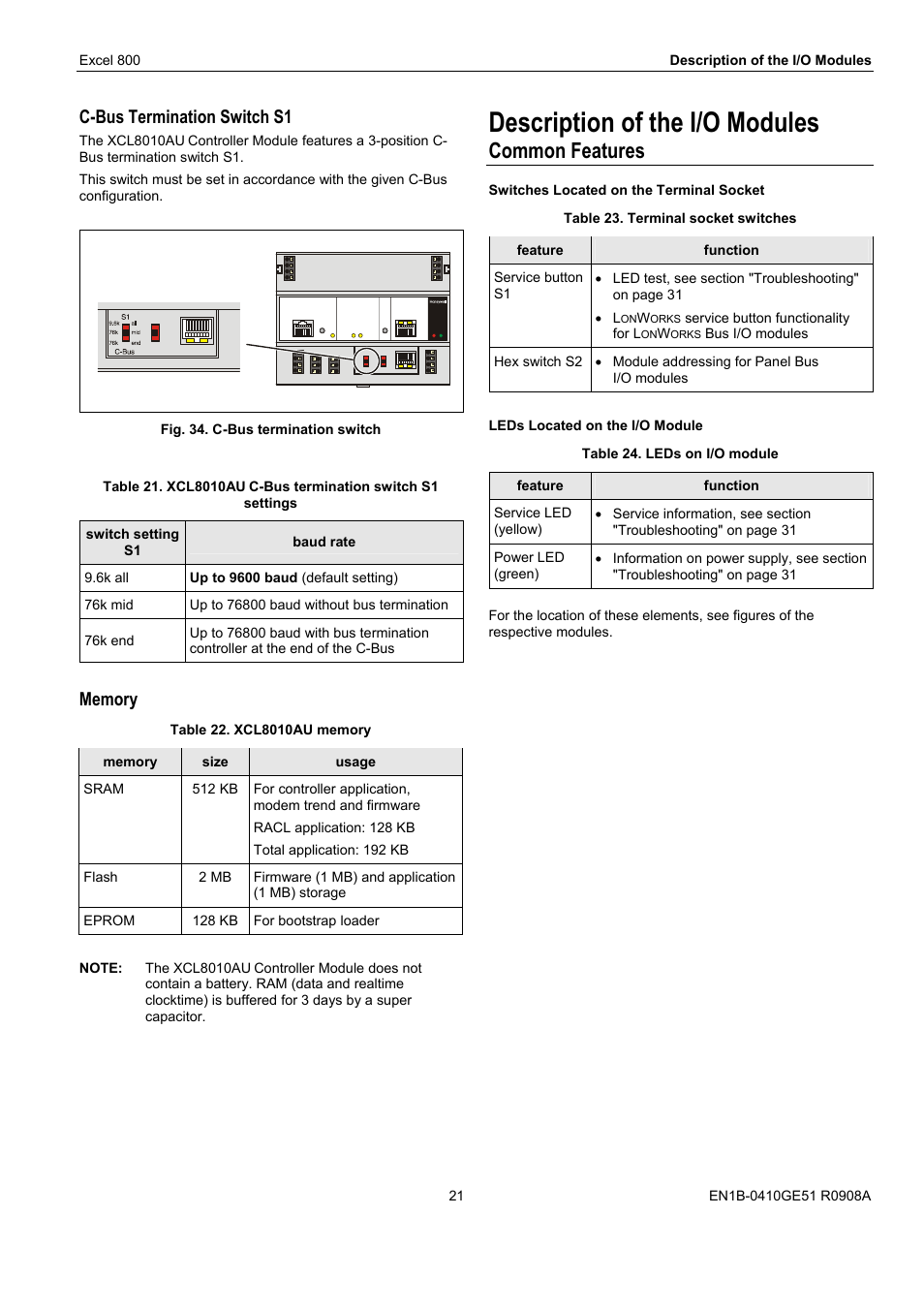 Description of the i/o modules, Common features, C-bus termination switch s1 | Honeywell XL 800 SERIES User Manual | Page 21 / 36