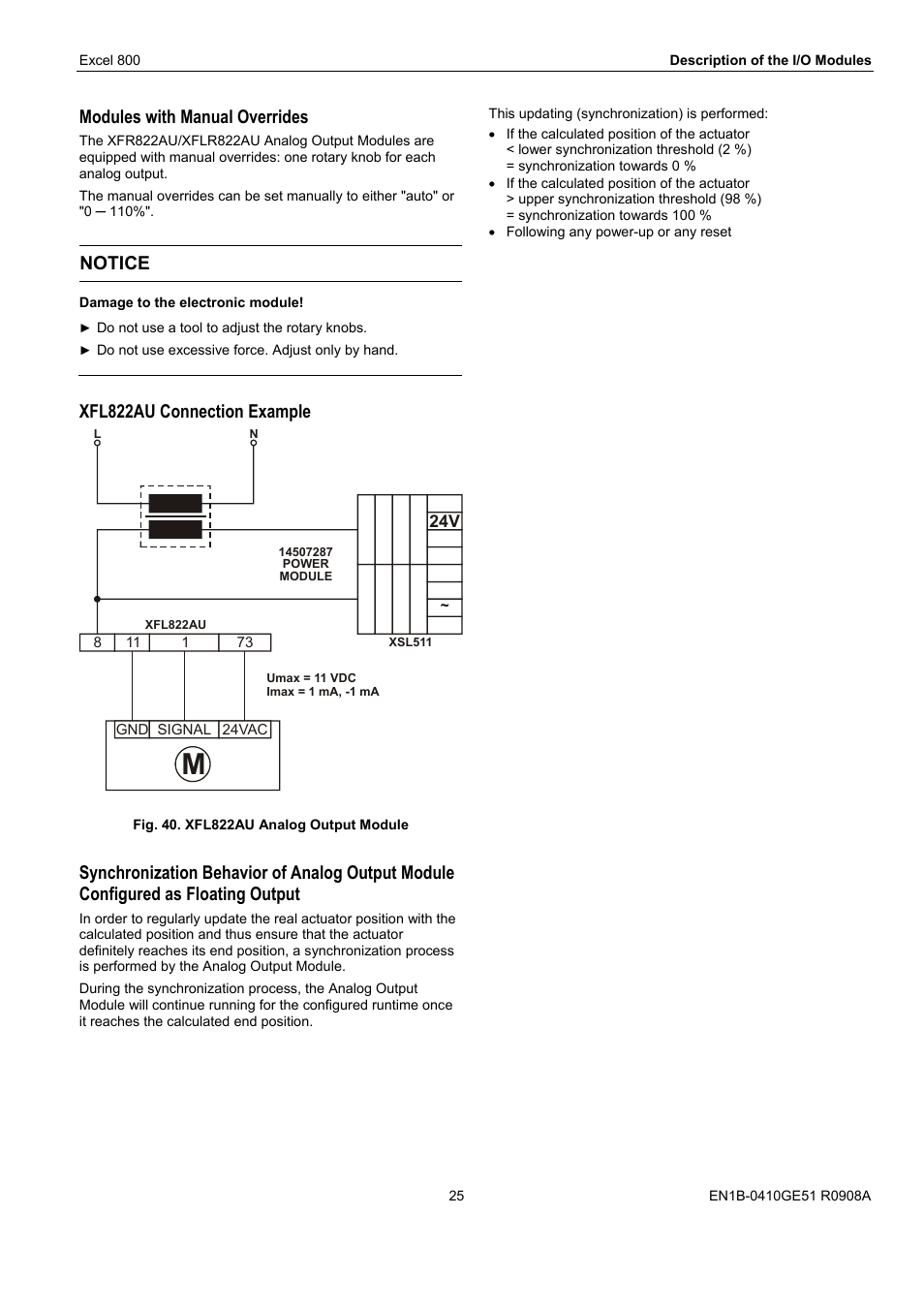 Modules with manual overrides, Notice, Xfl822au connection example | Honeywell XL 800 SERIES User Manual | Page 25 / 36