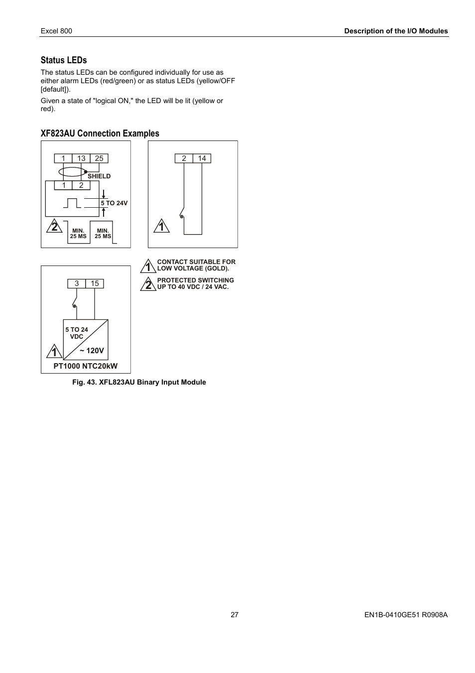 Status leds, Xf823au connection examples | Honeywell XL 800 SERIES User Manual | Page 27 / 36