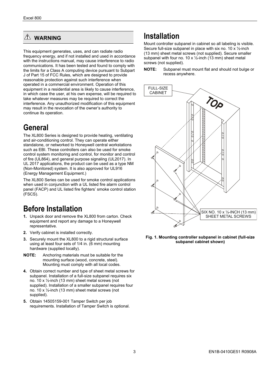 General, Before installation, Installation | Warning | Honeywell XL 800 SERIES User Manual | Page 3 / 36
