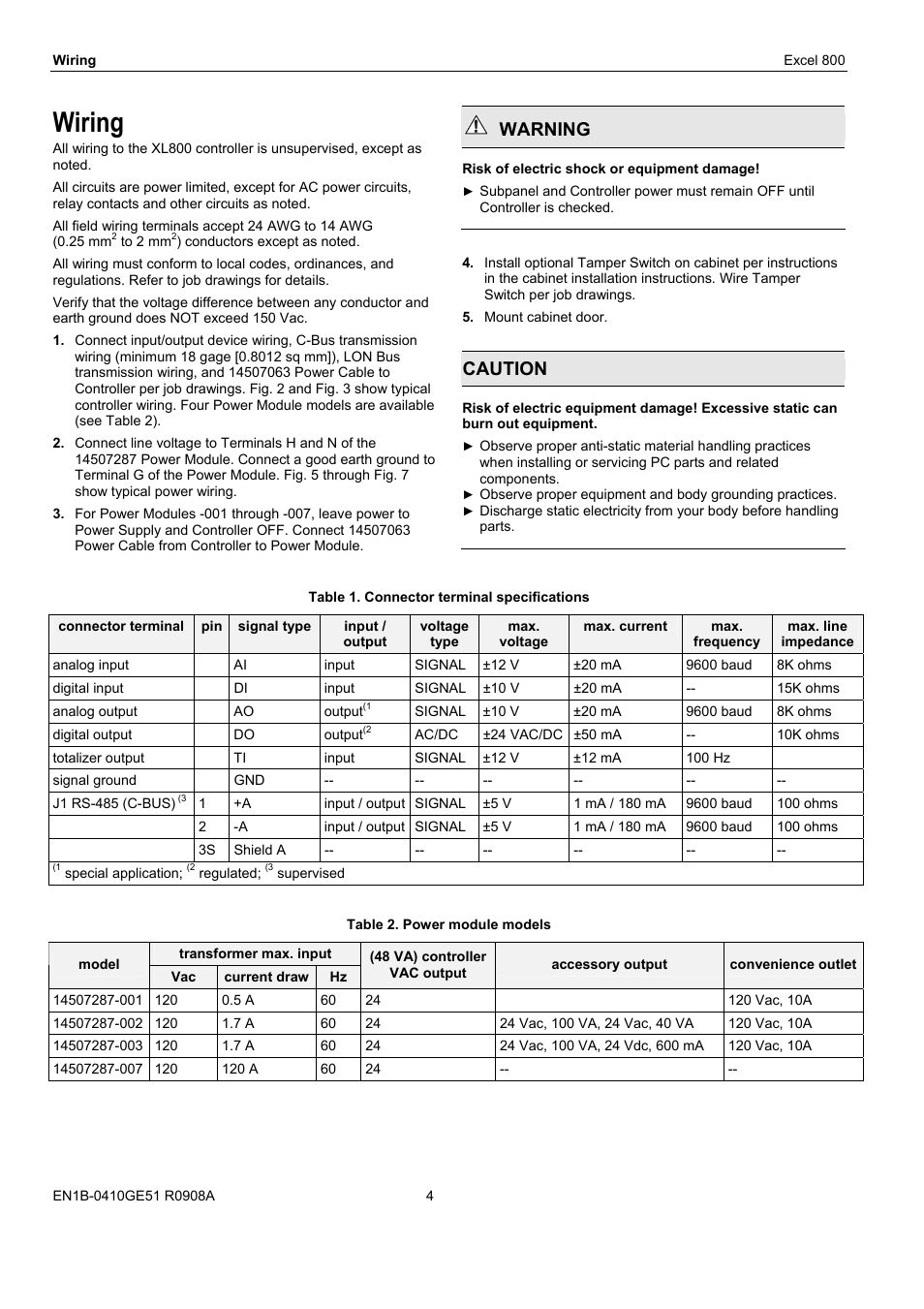 Wiring, Warning, Caution | Honeywell XL 800 SERIES User Manual | Page 4 / 36