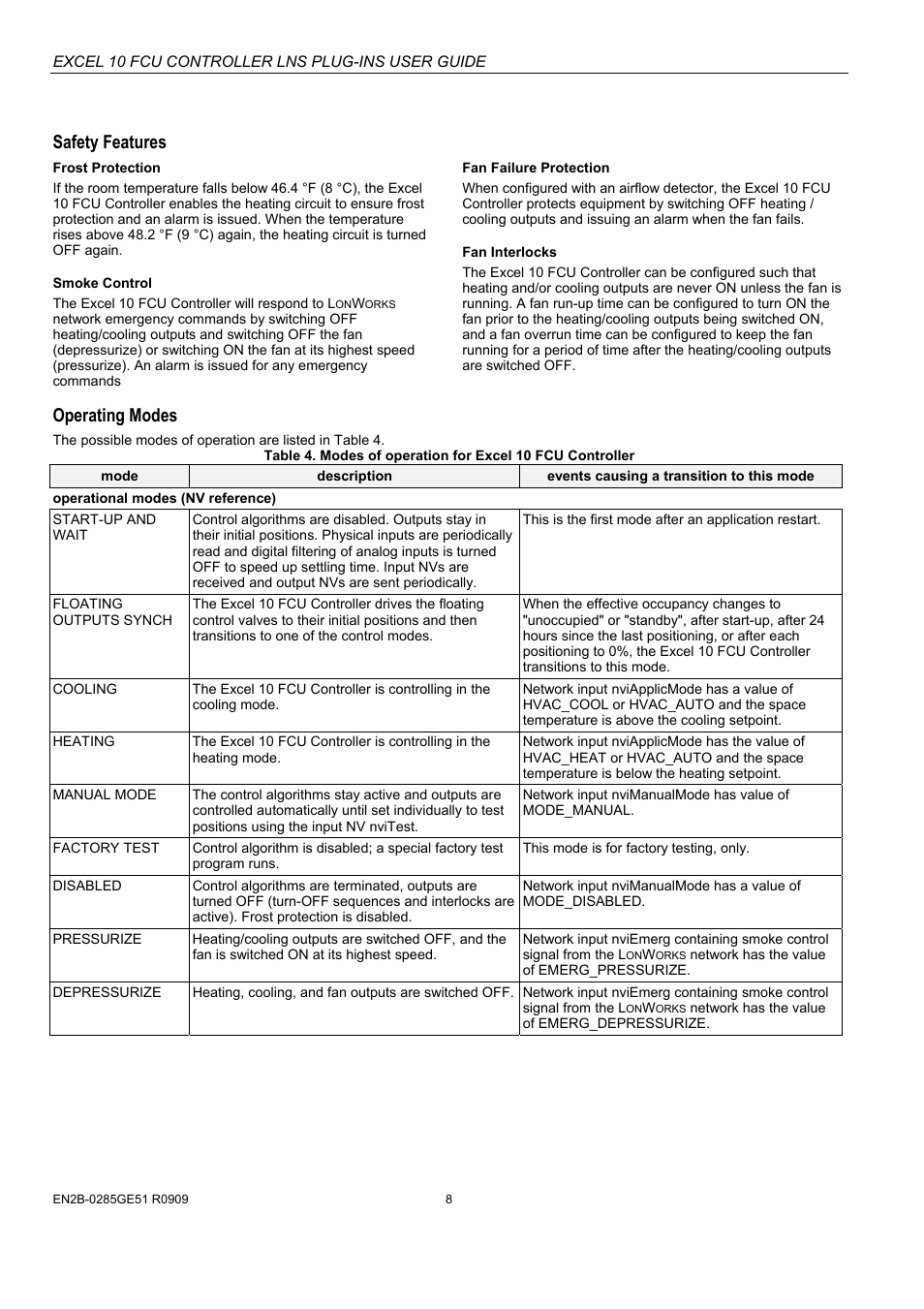 Safety features, Operating modes | Honeywell EXCEL 10 W7752D User Manual | Page 10 / 68