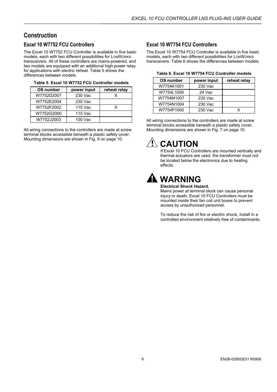 Caution, Warning, Construction | Honeywell EXCEL 10 W7752D User Manual | Page 11 / 68