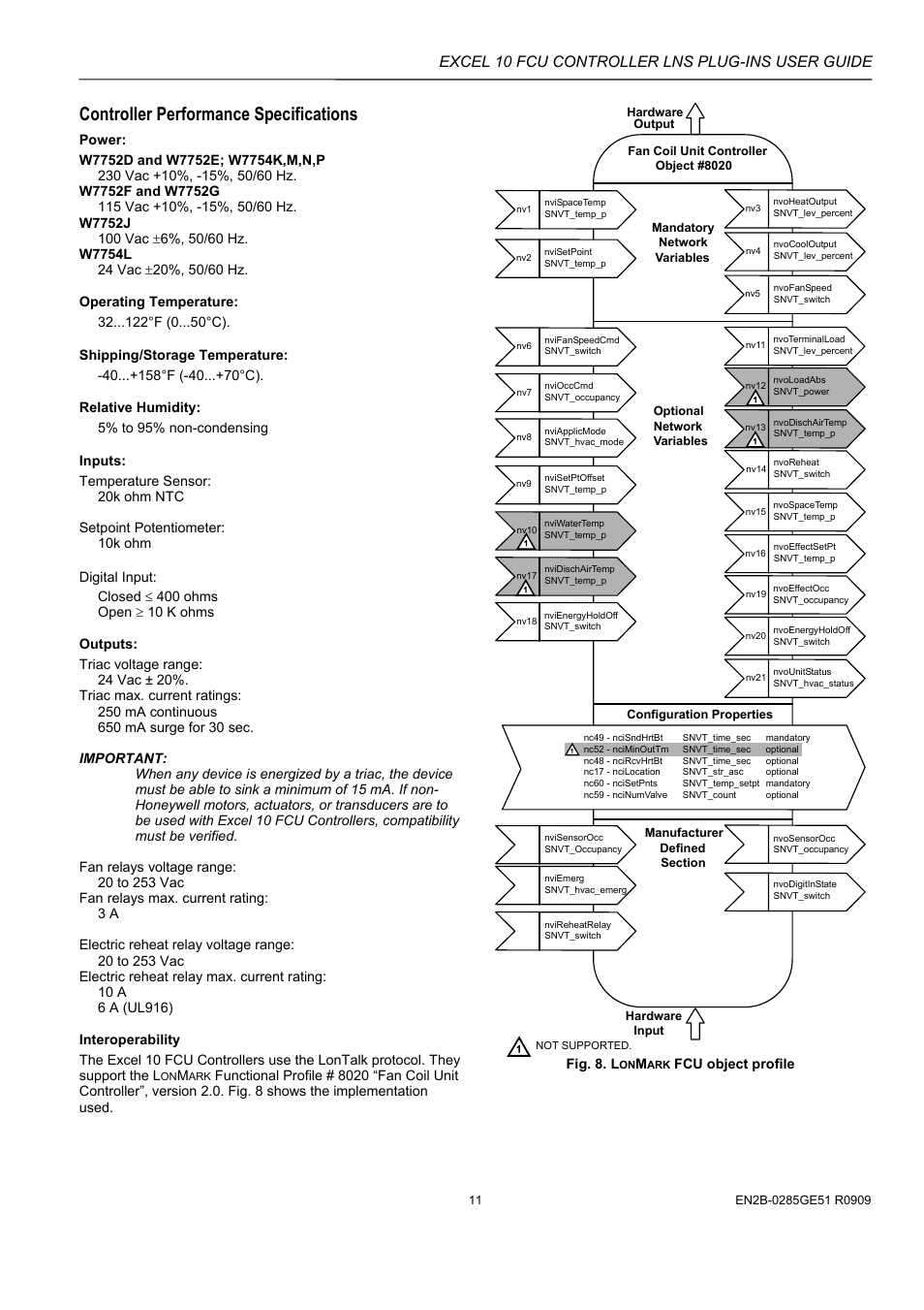 Controller performance specifications, Excel 10 fcu controller lns plug-ins user guide | Honeywell EXCEL 10 W7752D User Manual | Page 13 / 68