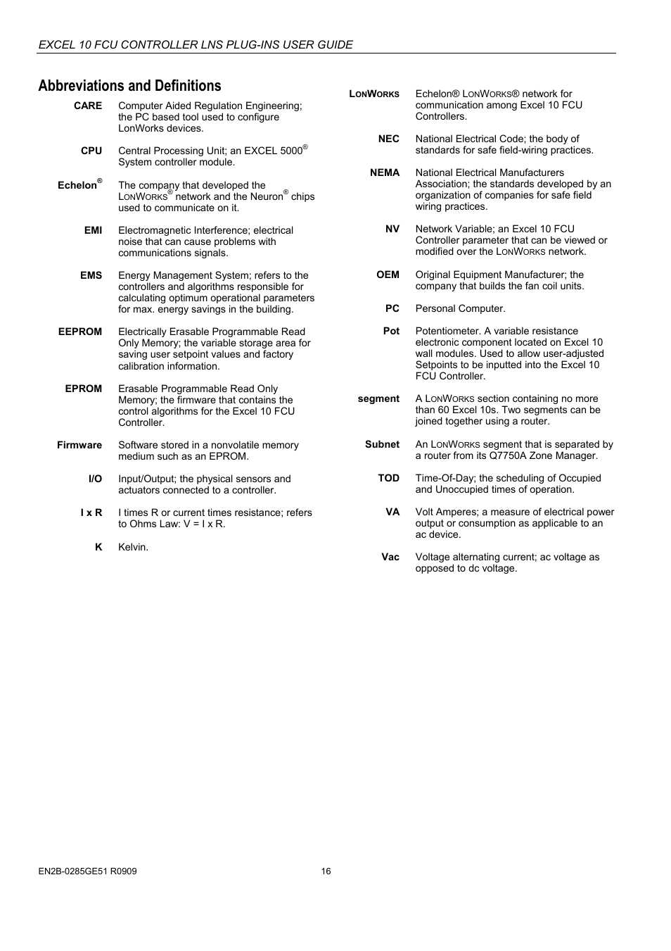 Abbreviations and definitions | Honeywell EXCEL 10 W7752D User Manual | Page 18 / 68