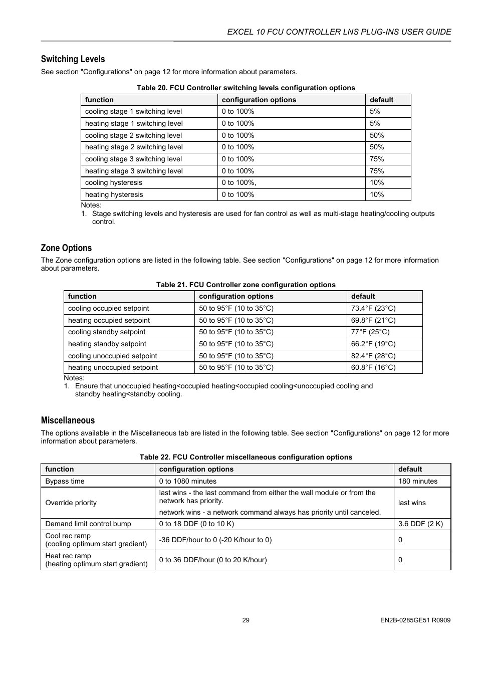 Switching levels, Zone options, Miscellaneous | Honeywell EXCEL 10 W7752D User Manual | Page 31 / 68