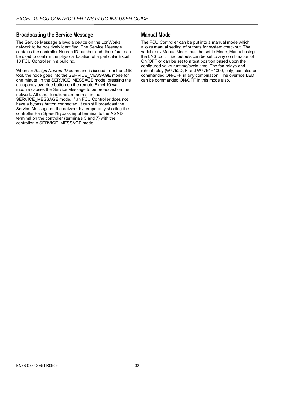 Broadcasting the service message, Manual mode | Honeywell EXCEL 10 W7752D User Manual | Page 34 / 68