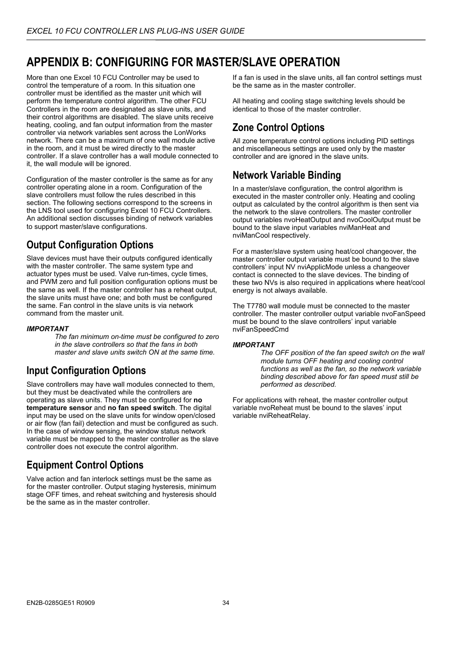 Appendix b: configuring for master/slave operation, Output configuration options, Input configuration options | Equipment control options, Zone control options, Network variable binding | Honeywell EXCEL 10 W7752D User Manual | Page 36 / 68
