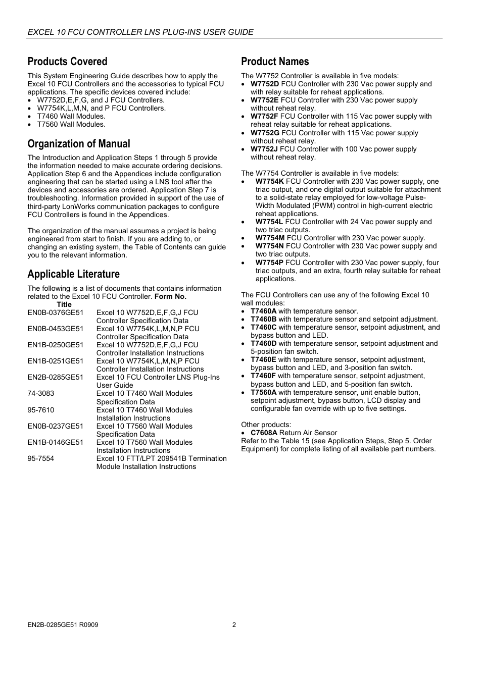 Products covered, Organization of manual, Applicable literature | Product names | Honeywell EXCEL 10 W7752D User Manual | Page 4 / 68