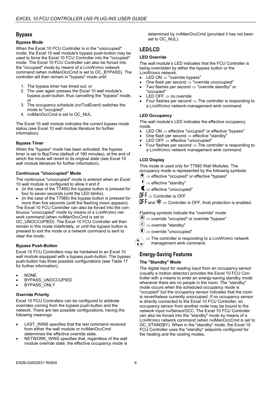 Bypass, Led/lcd, Energy-saving features | Honeywell EXCEL 10 W7752D User Manual | Page 8 / 68
