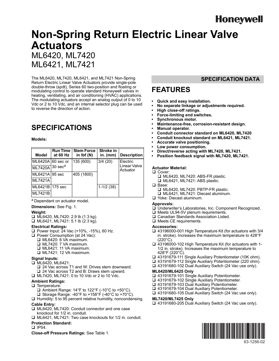 Honeywell ML7421 User Manual | 2 pages