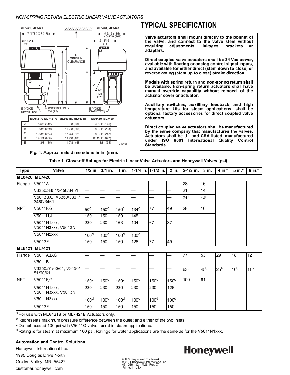 Typical specification | Honeywell ML7421 User Manual | Page 2 / 2