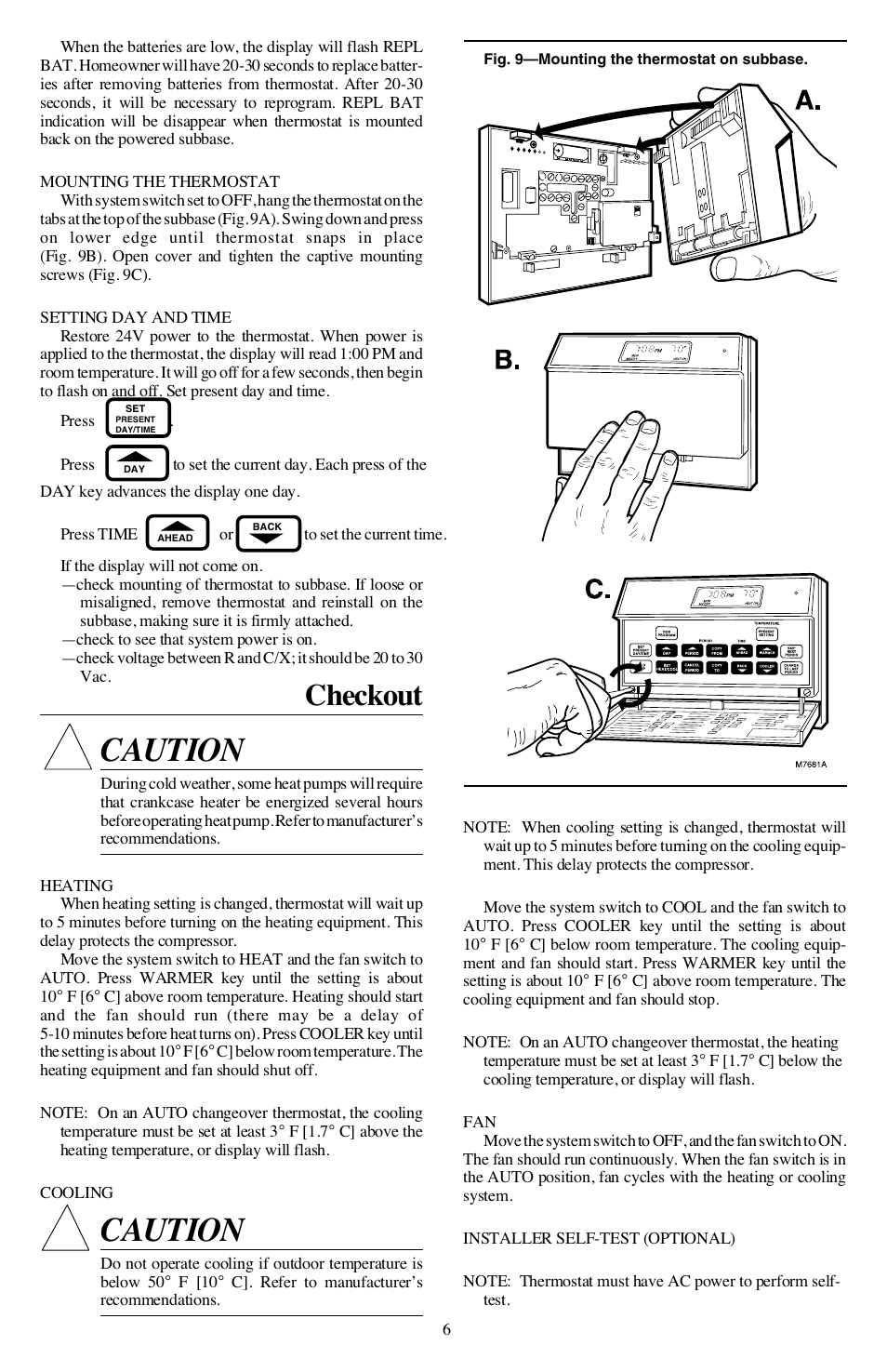 Caution, Checkout | Honeywell CHRONOTHERM III T8611G User Manual | Page 6 / 8