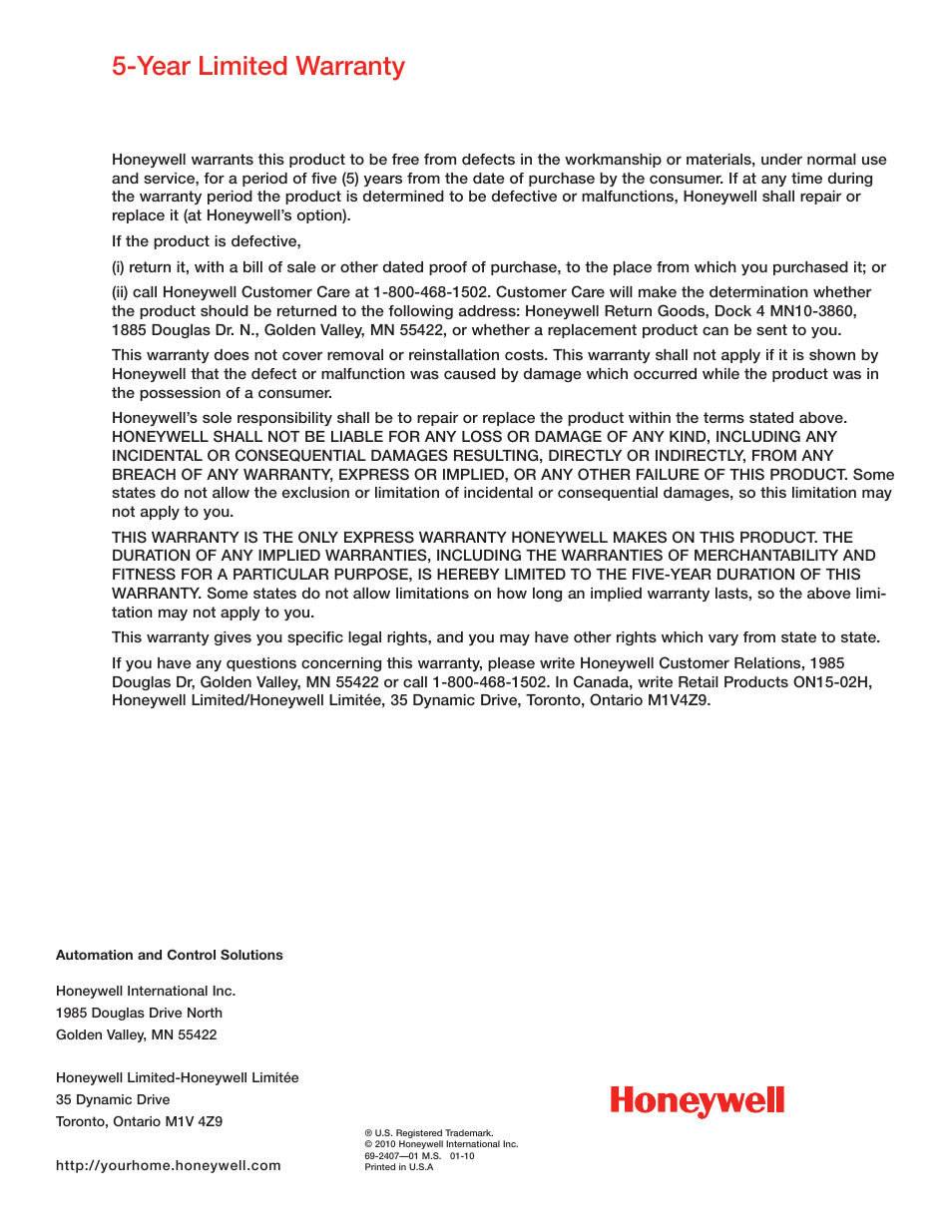 Year limited warranty | Honeywell TRUDRY DR90 User Manual | Page 16 / 16