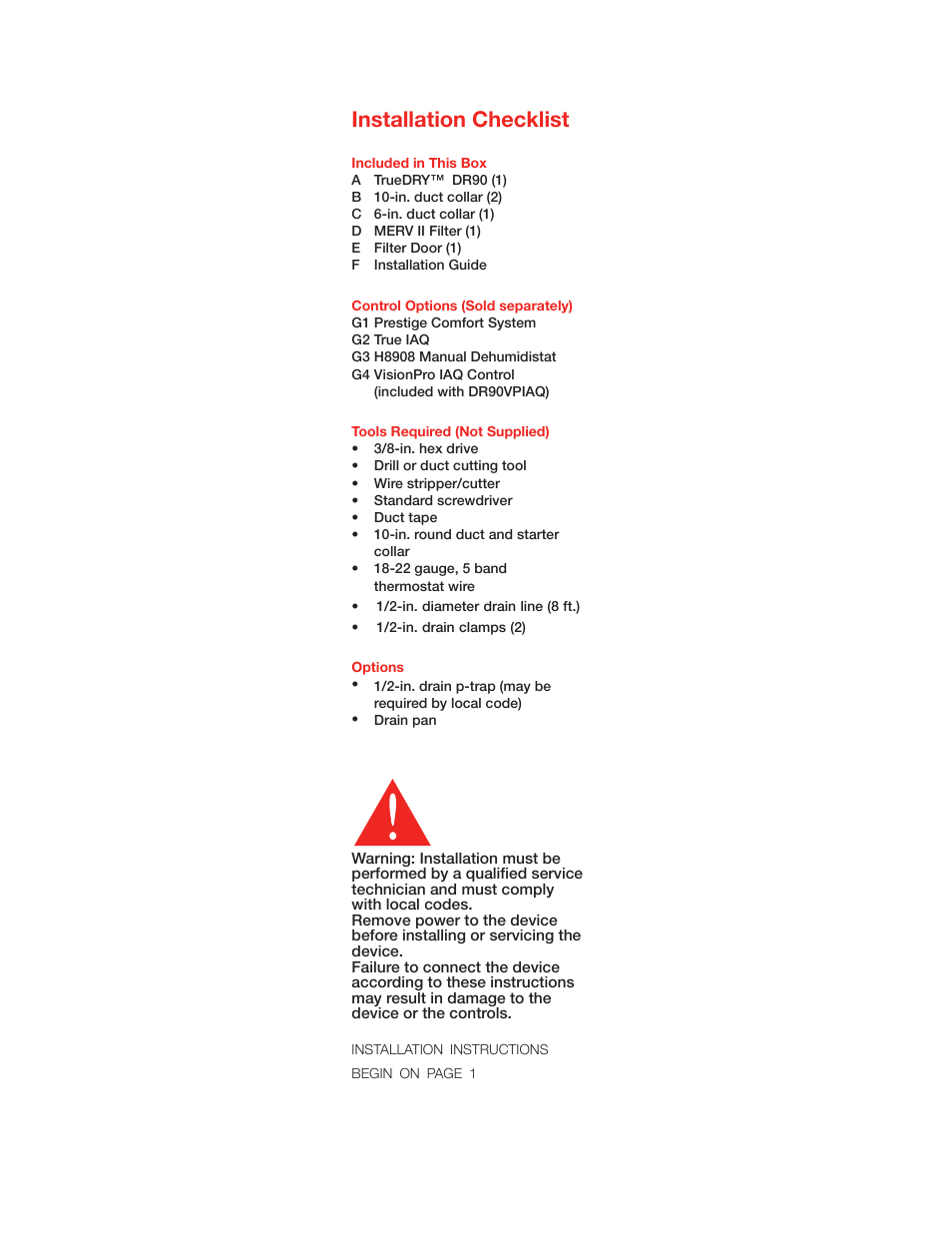 Installation checklist | Honeywell TRUDRY DR90 User Manual | Page 2 / 16