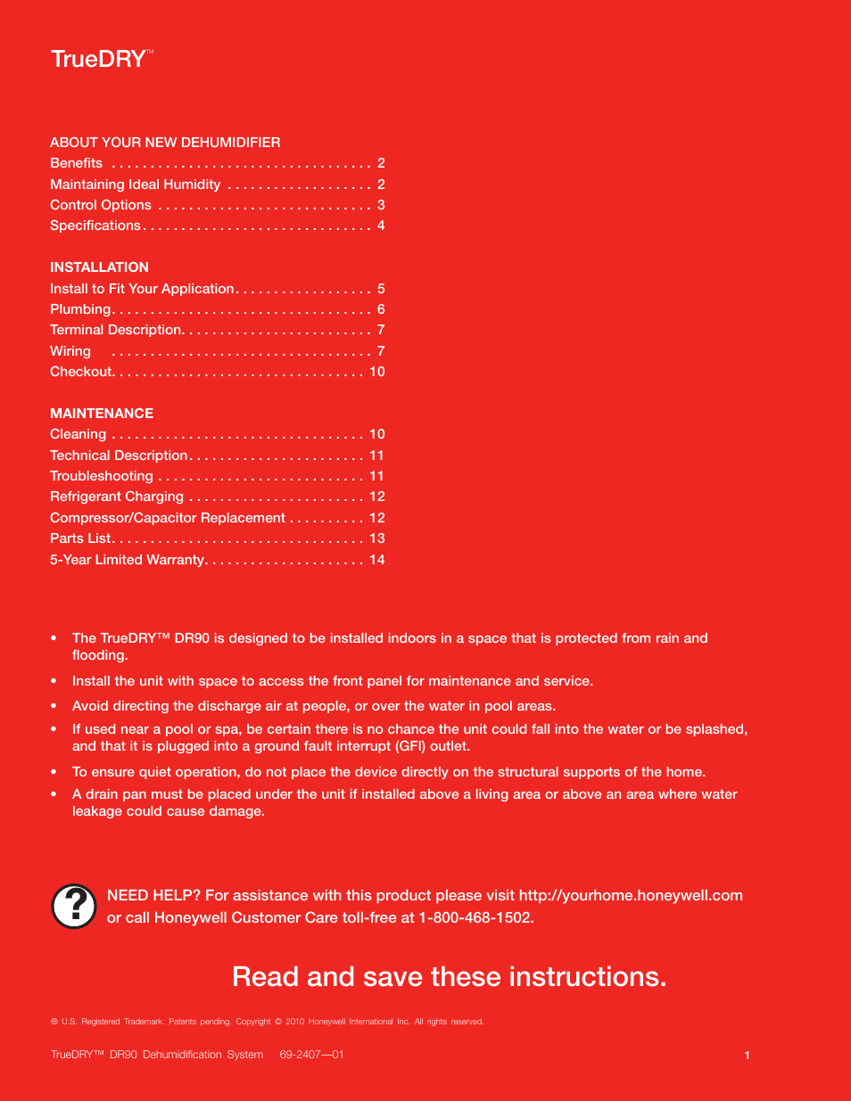 Read and save these instructions, Truedry | Honeywell TRUDRY DR90 User Manual | Page 3 / 16