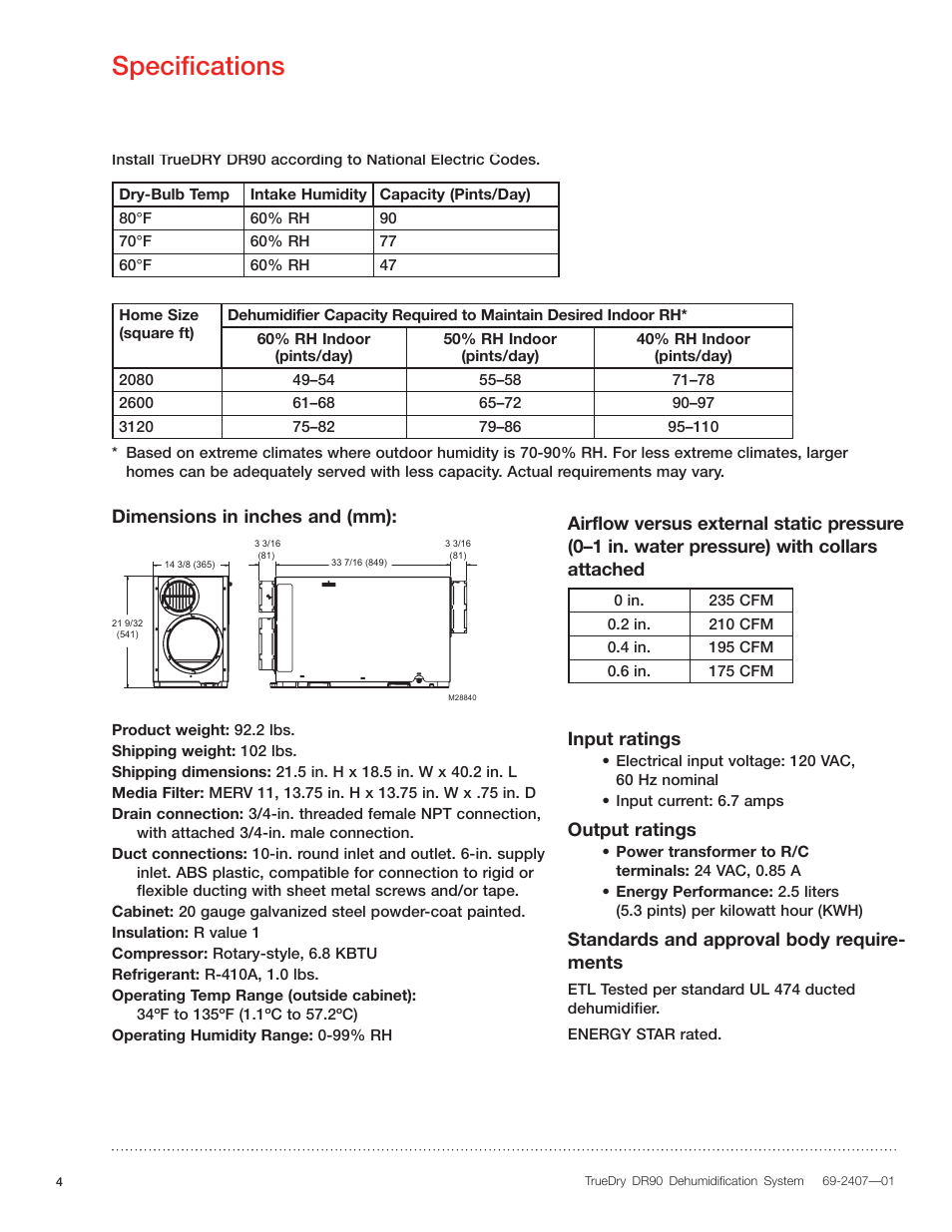 Specifications, Dimensions in inches and (mm), Input ratings | Output ratings, Standards and approval body require- ments | Honeywell TRUDRY DR90 User Manual | Page 6 / 16