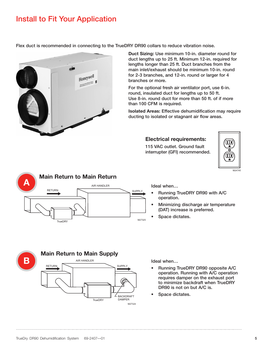 Install to fit your application, Main return to main return, Main return to main supply | Electrical requirements | Honeywell TRUDRY DR90 User Manual | Page 7 / 16