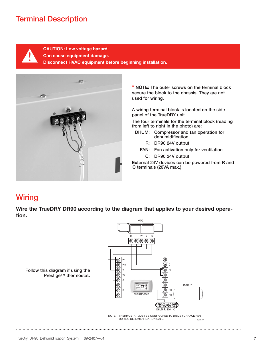 Terminal description, Wiring | Honeywell TRUDRY DR90 User Manual | Page 9 / 16