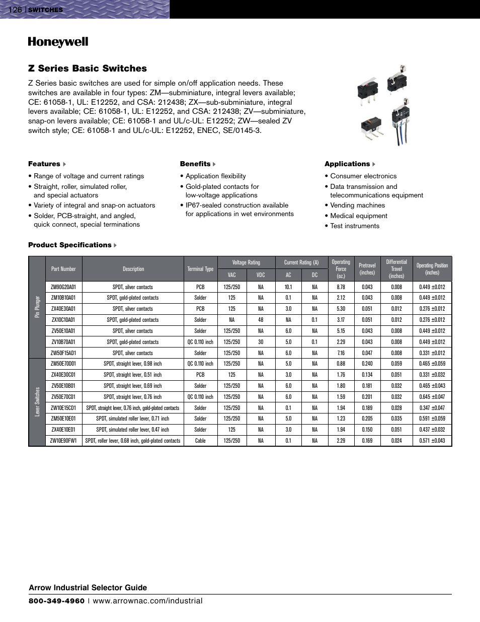 Z series basic switches | Honeywell EVN2000 Series User Manual | Page 7 / 13
