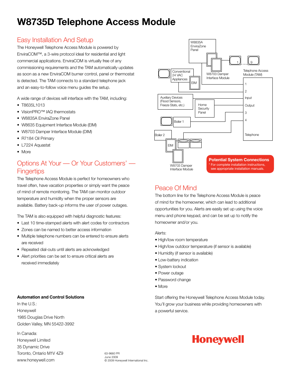 W8735d telephone access module, Easy installation and setup, Options at your — or your customers’ — fingertips | Peace of mind | Honeywell TELEPHONE ACCESS MODULE W8735D User Manual | Page 2 / 2