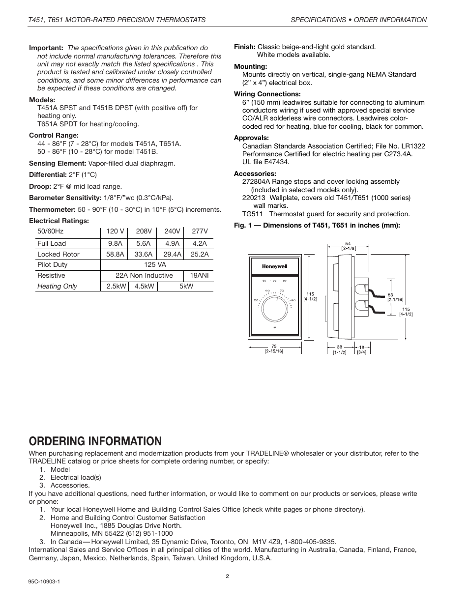 Ordering information | Honeywell T651 User Manual | Page 2 / 4