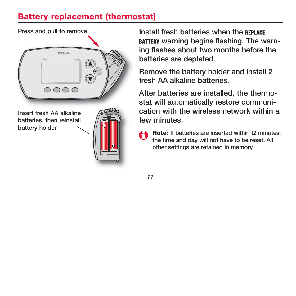 Battery replacement (thermostat) | Honeywell FOCUSPRO TH5320R User Manual | Page 13 / 52