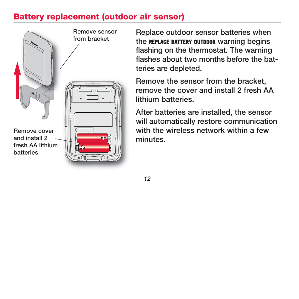 Battery replacement (outdoor air sensor) | Honeywell FOCUSPRO TH5320R User Manual | Page 14 / 52