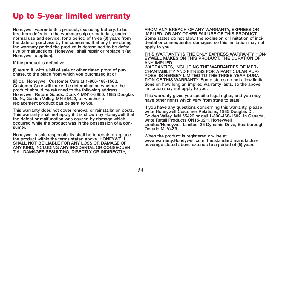 Up to 5-year limited warranty | Honeywell FOCUSPRO TH5320R User Manual | Page 16 / 52