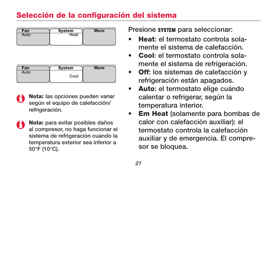 Selección de la configuración del sistema, Presione | Honeywell FOCUSPRO TH5320R User Manual | Page 23 / 52