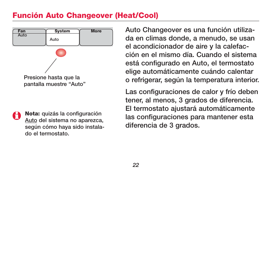 Función auto changeover (heat/cool) | Honeywell FOCUSPRO TH5320R User Manual | Page 24 / 52