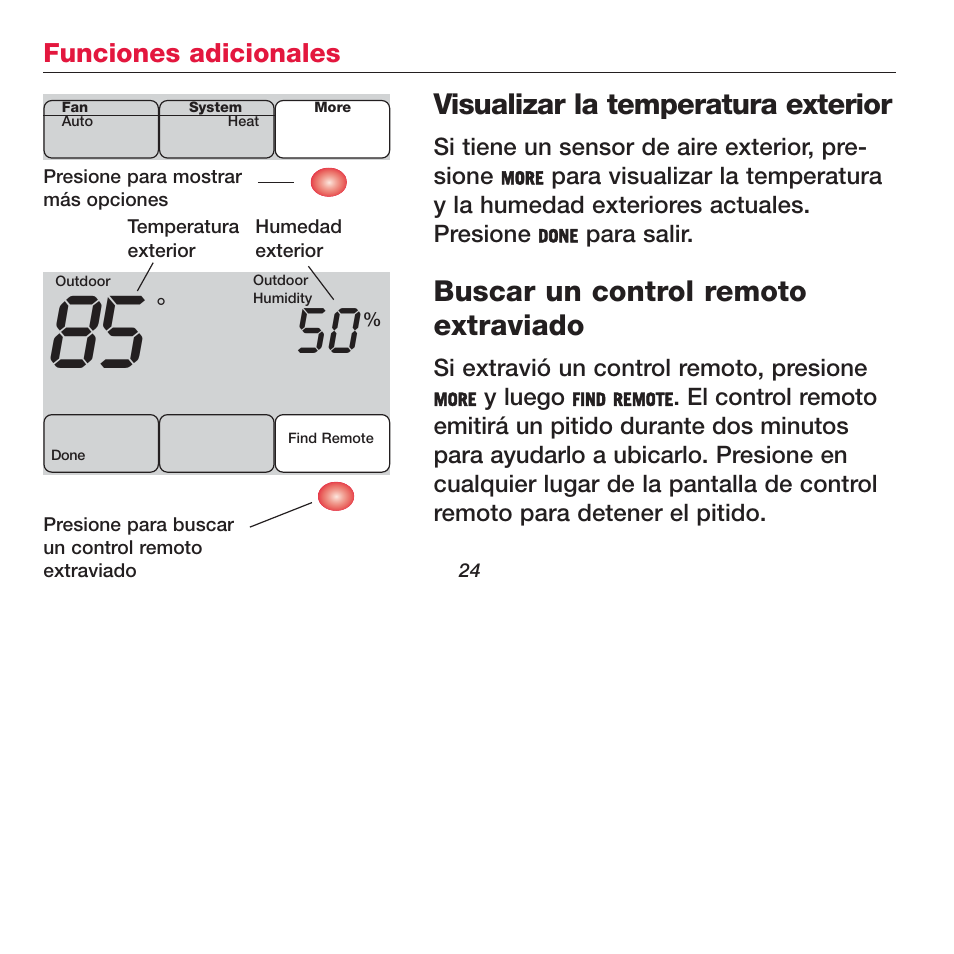 Visualizar la temperatura exterior, Buscar un control remoto extraviado | Honeywell FOCUSPRO TH5320R User Manual | Page 26 / 52