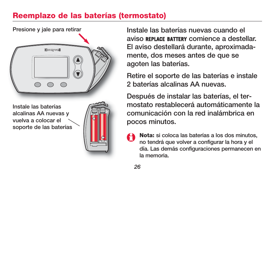 Reemplazo de las baterías (termostato) | Honeywell FOCUSPRO TH5320R User Manual | Page 28 / 52